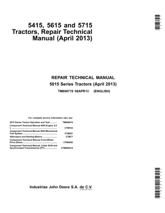 John Deere 5415, 5615, 5715 Tractors Repair Manual (TM606719 and TM609819) Workshop Guide