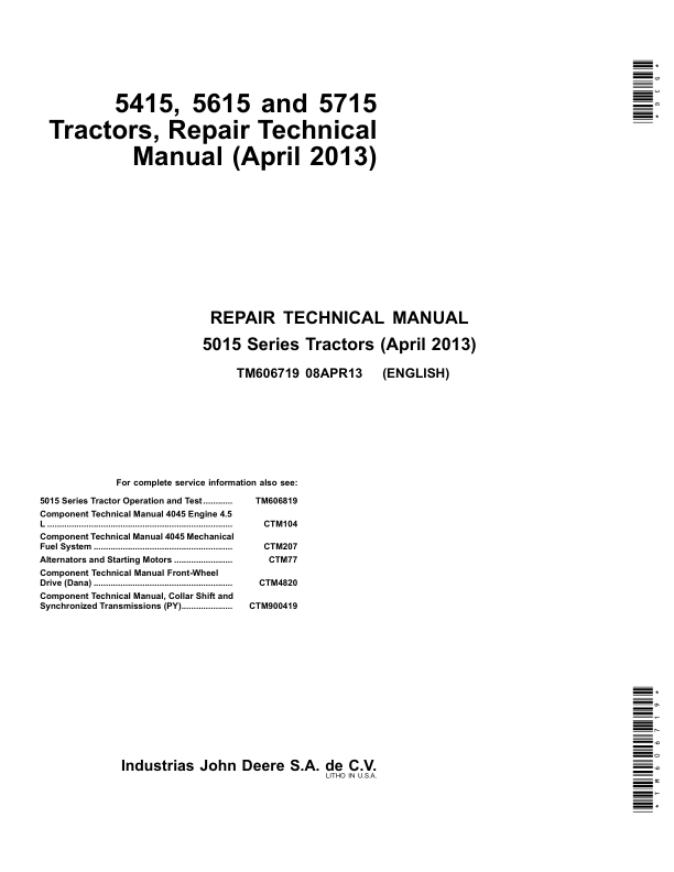 John Deere 5415, 5615, 5715 Tractors Repair Manual (TM606719 and TM609819) Workshop Guide