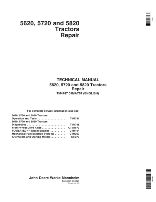John Deere 5620, 5720, 5820 Tractors Service Repair Manual Workshop Guide