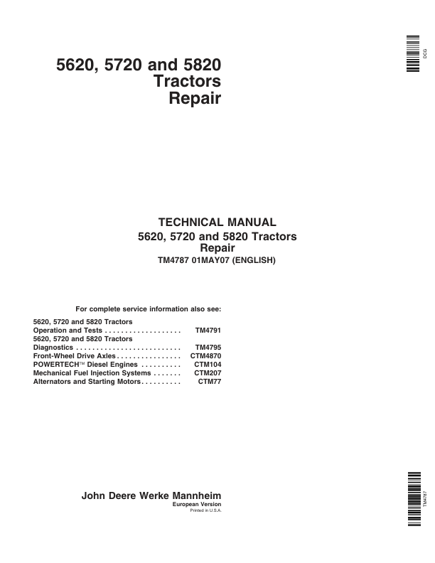 John Deere 5620, 5720, 5820 Tractors Service Repair Manual Workshop Guide