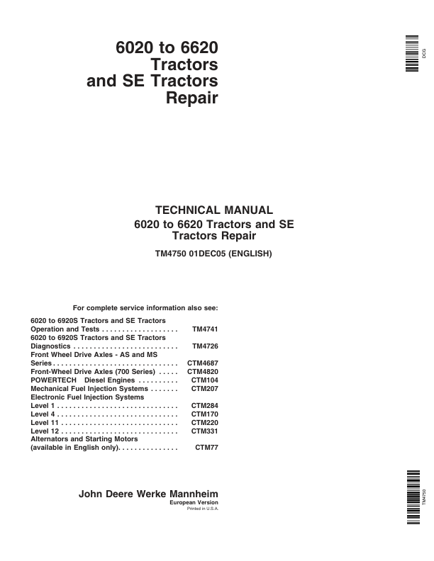 John Deere 6020, 6120, 6220, 6320, 6420, 6420S, 6520, 6620 Tractors Repair Manual Workshop Guide