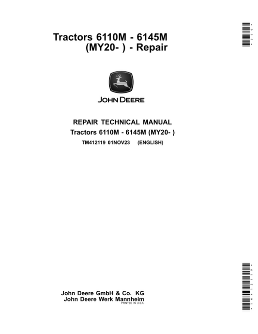 John Deere 6090M, 6100M, 6110M, 6120M, 6125M, 6130M, 6140M, 6145M Tractors Repair Manual (MY20 -) Workshop Guide
