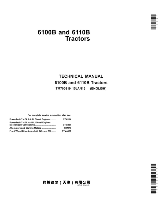 John Deere 6100B, 6110B Tractors Service Repair Manual (TM700819) Workshop Guide