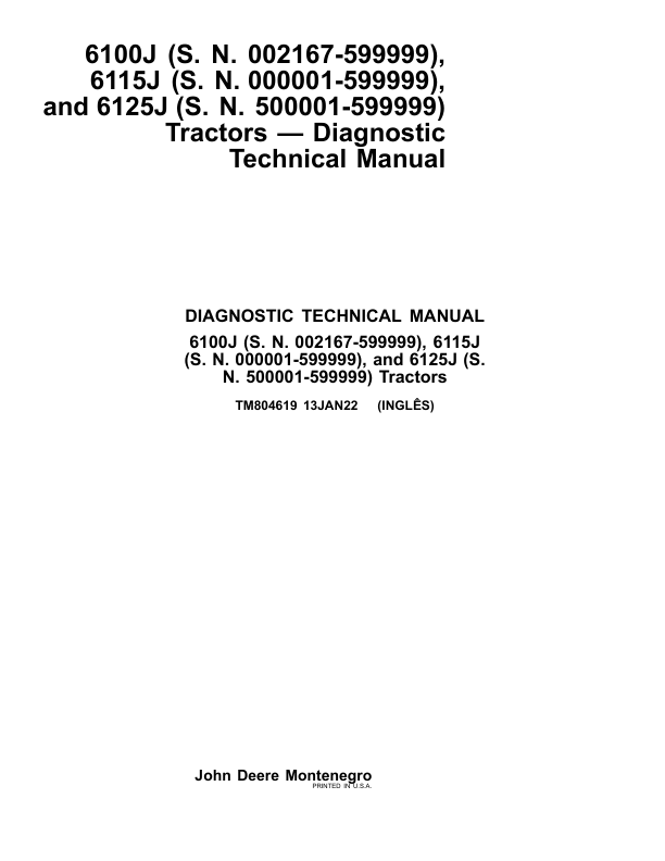 John Deere 6100J (002167-599999), 6115J (000001-599999), 6125J (500001-599999) Tractors Repair Manual Workshop Guide