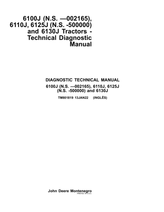 John Deere 6100J (-002167), 6110J (000001-599999), 6125J (-500001) Tractors Repair Manual Workshop Guide
