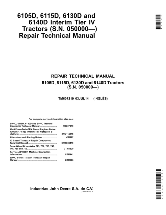 John Deere 6105D, 6115D, 6130D, 6140D Tractors Repair Manual Workshop Guide