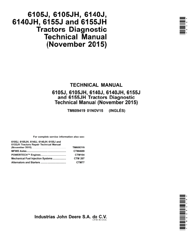 John Deere 6105J, 6105JH, 6140J, 6140JH, 6155J, 6155JH Tractors Repair Manual Workshop Guide