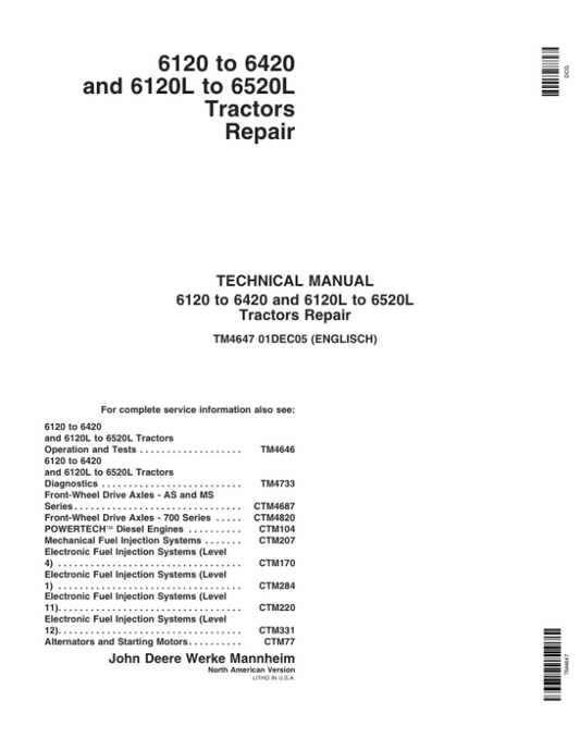 John Deere 6120, 6220, 6320, 6420 Tractors Repair Manual (North America – S.N 100001 – 398790) Workshop Guide