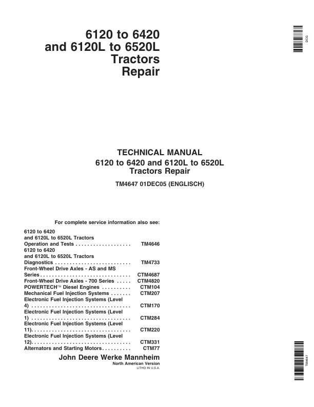 John Deere 6120, 6220, 6320, 6420 Tractors Repair Manual (North America – S.N 100001 – 398790) Workshop Guide
