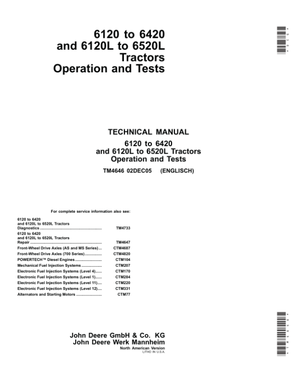 John Deere 6120L, 6220L, 6320L, 6420L, 6520L Tractors Repair Manual (North America – S.N 100001 – 398790) Workshop Guide