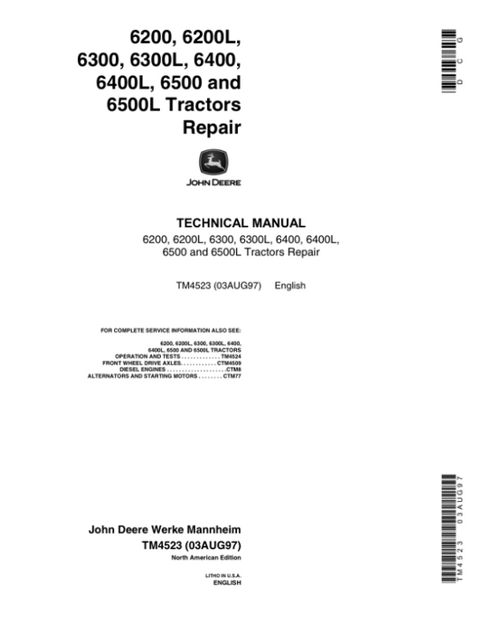 John Deere 6200, 6200L, 6300, 6300L, 6400, 6400L, 6500, 6500L Tractors Repair Manual Workshop Guide