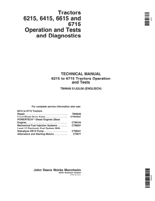John Deere 6215, 6415, 6615, 6715 Tractors Service Repair Manual (North America _ (TM4648 and TM4649) Workshop Guide