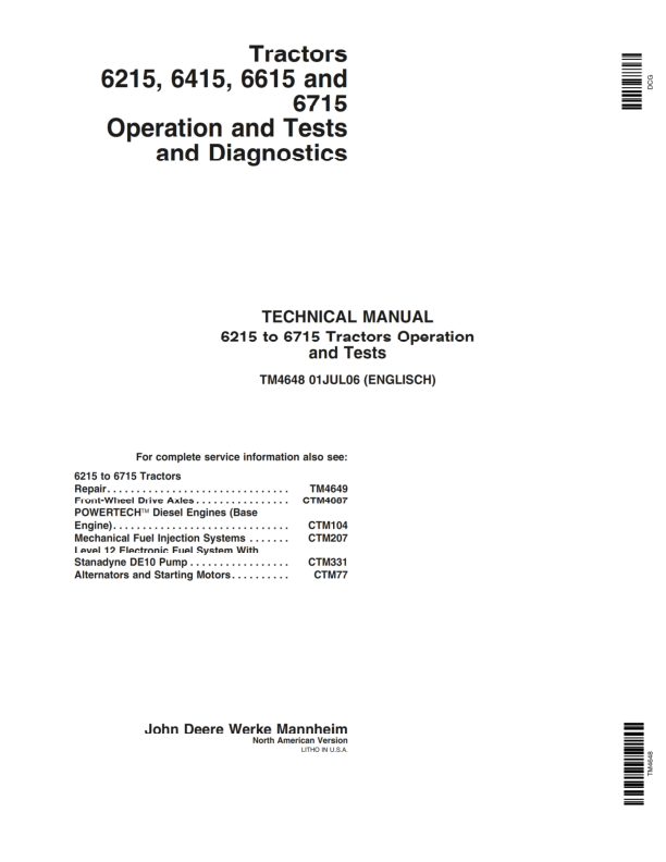 John Deere 6215, 6415, 6615, 6715 Tractors Service Repair Manual (North America _ (TM4648 and TM4649) Workshop Guide