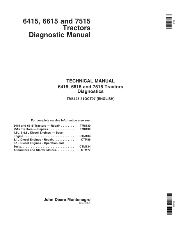 John Deere 6415, 6615, 7515 Tractors Service Repair Manual Workshop Guide