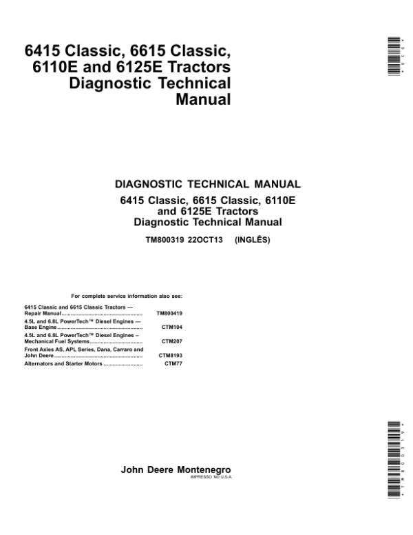 John Deere 6415 Classic, 6615 Classic, 6110E, 6125E Tractors Repair Manual Workshop Guide