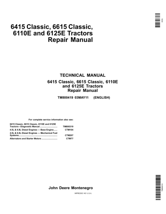 John Deere 6415 Classic, 6615 Classic, 6110E, 6125E Tractors Repair Manual Workshop Guide
