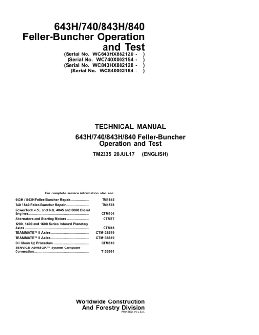 John Deere 643H, 843H Feller Buncher Service Repair Manual (TM2235 and TM1845) Workshop Guide