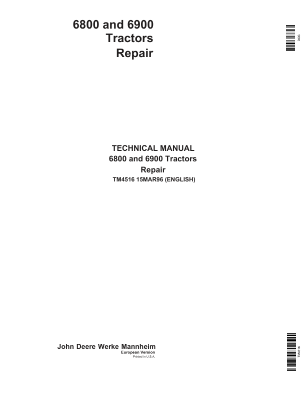 John Deere 6800, 6900, SE 6100 Tractors Service Repair Manual (TM4487 and TM4516) Workshop Guide