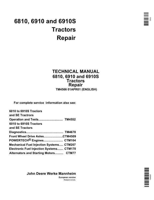John Deere 6810, 6910, 6910S Tractors Service Repair Manual (TM4566) Workshop Guide