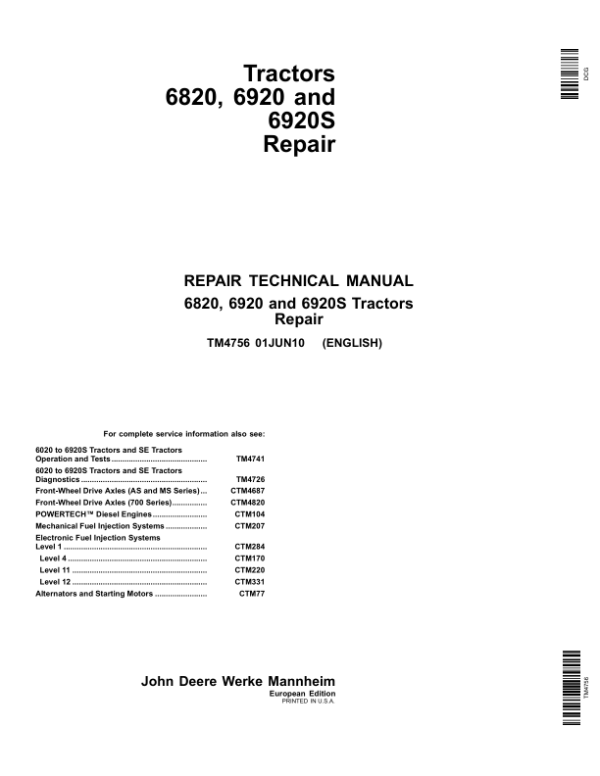 John Deere 6820, 6920, 6920S Tractors Repair Manual Workshop Guide