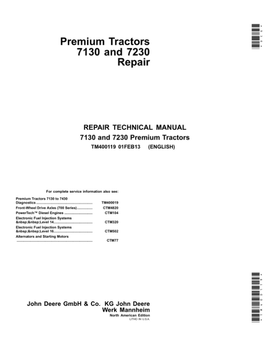 John Deere 7130 Premium, 7230 Premium Tractors Service Repair Manual Workshop Guide
