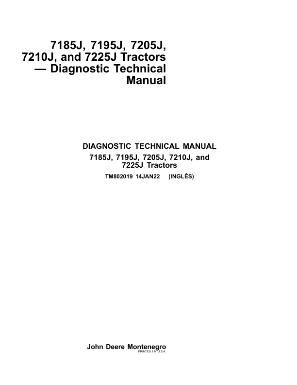 John Deere 7185J, 7195J, 7205J, 7210J, 7225J Tractors Service Repair Manual Workshop Guide