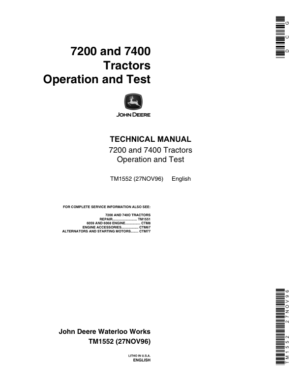 John Deere 7200, 7400 Tractors Service Repair Manual (TM1551 and TM1552) Workshop Guide