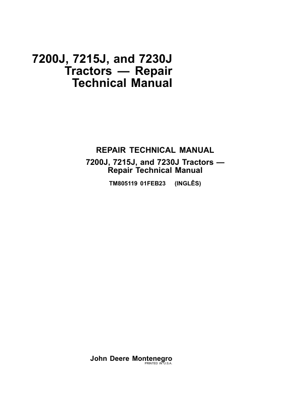 John Deere 7200J, 7215J, 7230J Tractors Service Repair Manual (TM805019 and TM805119) Workshop Guide
