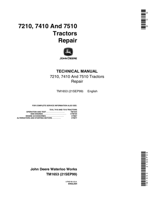 John Deere 7210, 7410, 7510 Tractors Service Repair Manual (TM1653 and TM1654) Workshop Guide