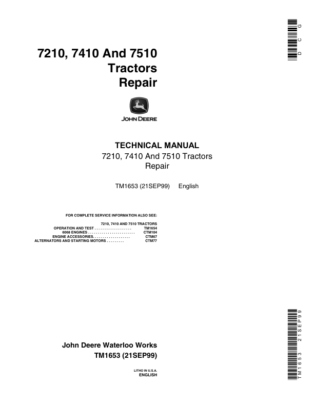 John Deere 7210, 7410, 7510 Tractors Service Repair Manual (TM1653 and TM1654) Workshop Guide