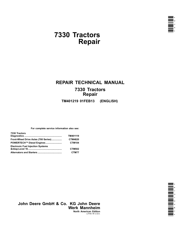 John Deere 7330 Tractor Service Repair Manual (TM401119 and TM401219) Workshop Guide