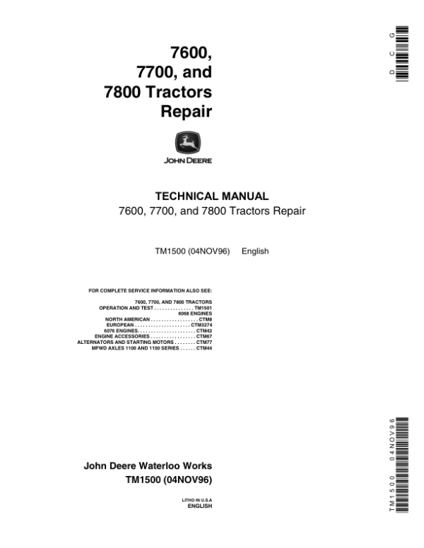 John Deere 7600, 7700, 7800 Tractors Service Repair Manual (TM1500 and TM1501) Workshop Guide