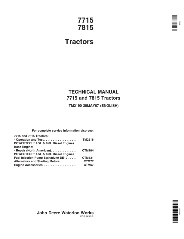 John Deere 7715, 7815 Tractors Service Repair Manual (TM2190 and TM2516) Workshop Guide