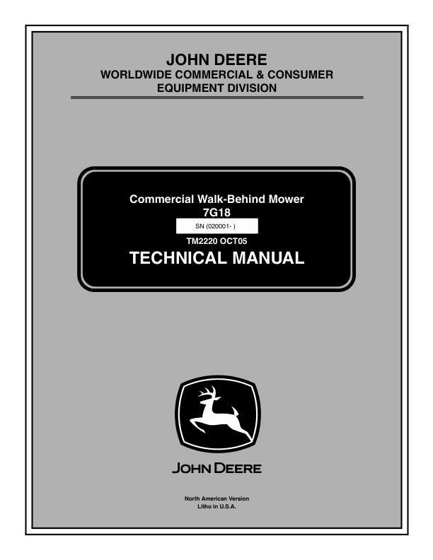 John Deere 7G18 Commercial Walk Behind Mower Repair Manual (TM2220) Workshop Guide