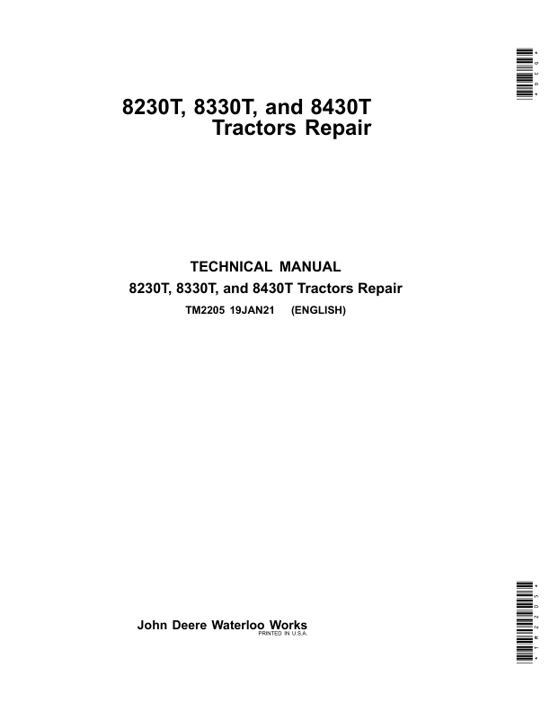 John Deere 8230T, 8330T, 8430T Tractors Repair Manual (TM2205 and TM2215) Workshop Guide