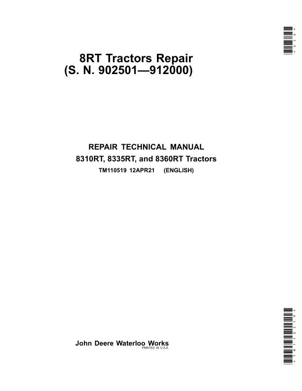 John Deere 8310RT, 8335RT, 8360RT Tractors Repair Manual (SN 902501-912000) Workshop Guide