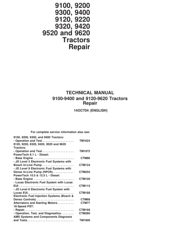 John Deere 9100, 9200, 9300, 9400 Tractors Repair Manual (TM1623 and TM1624) Workshop Guide