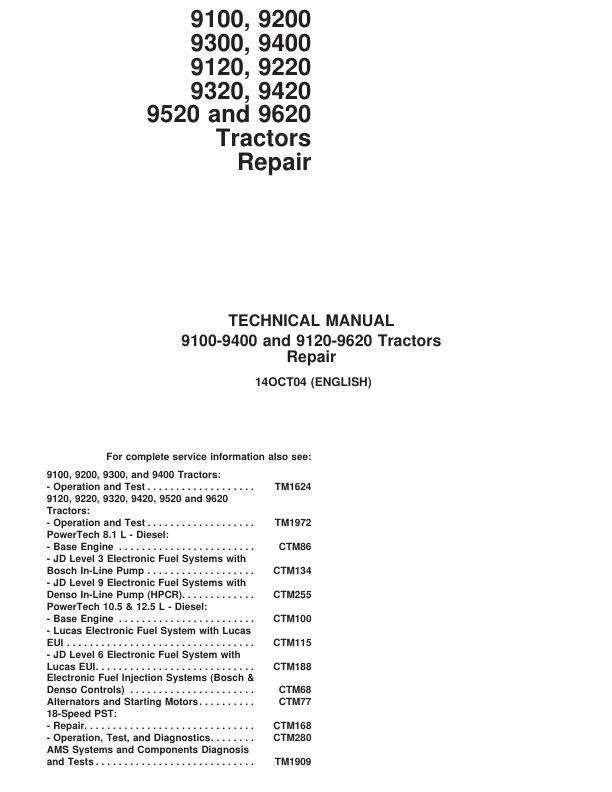 John Deere 9100, 9200, 9300, 9400 Tractors Repair Manual (TM1623 and TM1624) Workshop Guide