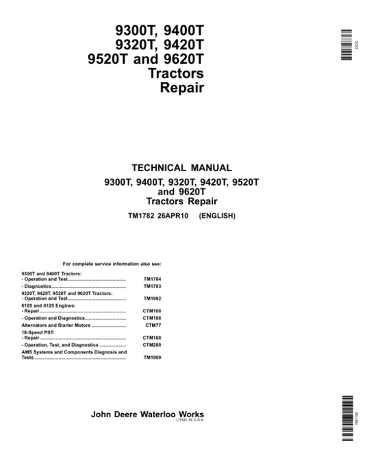 John Deere 9300T, 9400T Tractors Technical Repair Manual Workshop Guide