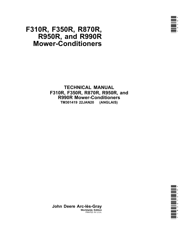John Deere F310R, F350R, R870R, R950R, R990R Mower Conditioners Repair Manual (TM3101419) Workshop Guide