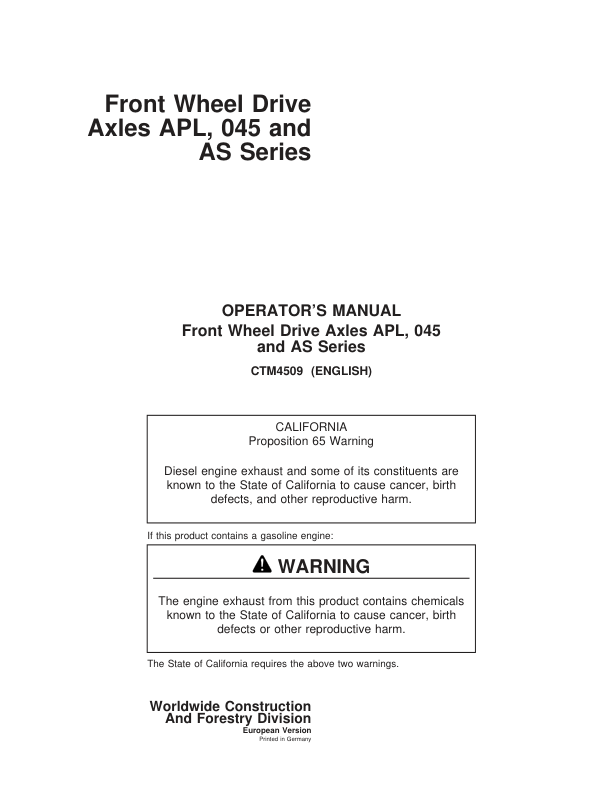 John Deere Front Wheel Drive Axles APL, 045 and AS Series Repair Manual (CTM4509) Workshop Guide