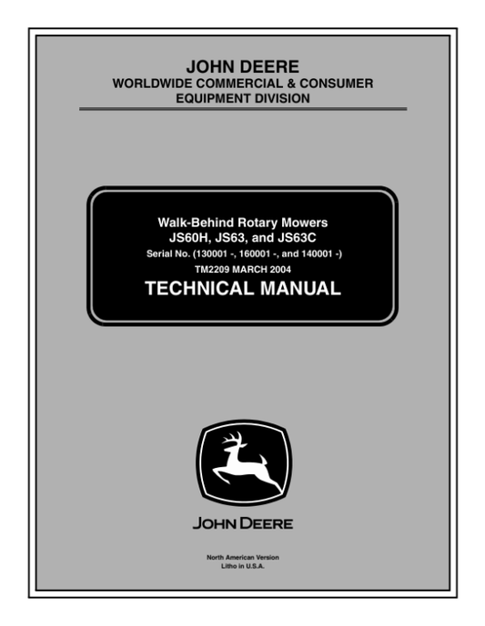 John Deere JS60H, JS63, JS63C Walk Behind Rotary Mowers Repair Manual (TM2209) Workshop Guide
