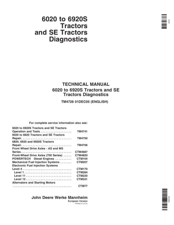 John Deere SE 6020, SE 6120, SE 6220, SE 6320, SE 6420, SE 6520 Tractors Repair Manual Workshop Guide