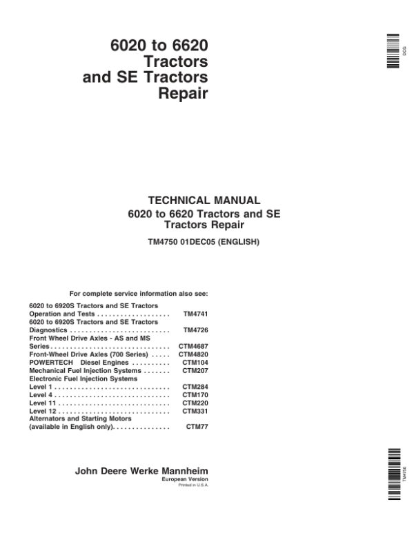 John Deere SE 6020, SE 6120, SE 6220, SE 6320, SE 6420, SE 6520 Tractors Repair Manual Workshop Guide