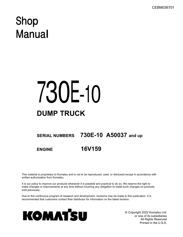 Komatsu 730E-10 Dump Truck Service Repair Manual Workshop Guide