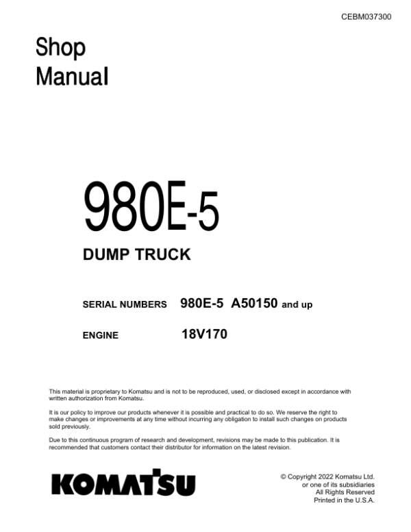 Komatsu 930E-5 Dump Truck Service Repair Manual Workshop Guide