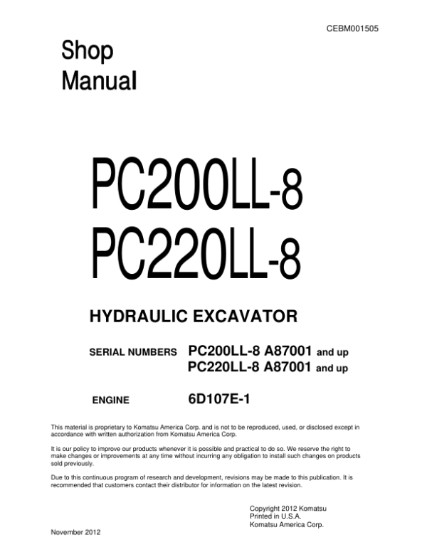 Komatsu PC200LL-8, PC220LL-8 Excavator Service Repair Manual Workshop Guide