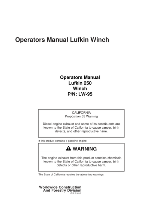 John Deere 250 Winches Operator’s Manuals (LW-95) Workshop Guide