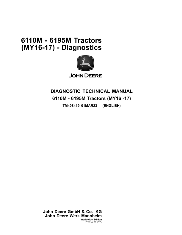 John Deere 6155M, 6155MH, 6175M, 6195M, 6210M Tractors Repair Manual Workshop Guide