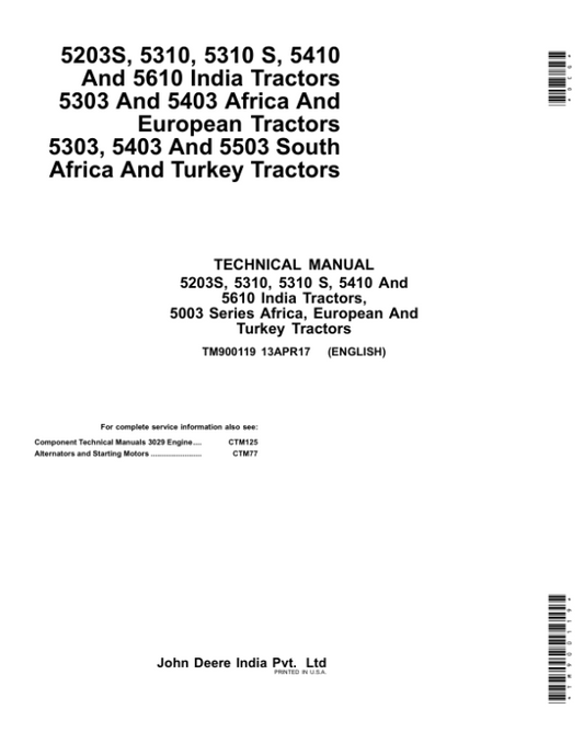 John Deere 5303, 5403, 5503 Tractors Repair Manual Workshop Guide